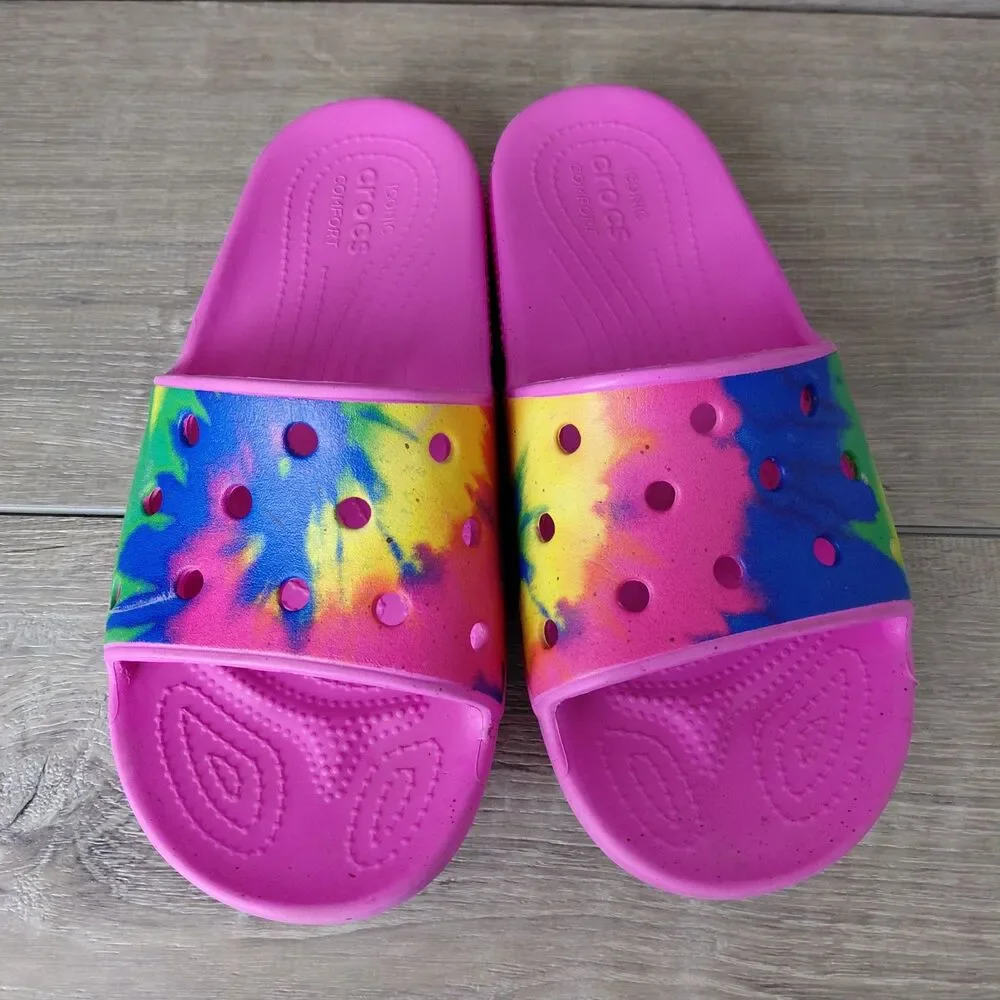Crocs Classic Slides Sandals Pink Tie Dye W9 M7 Rainbow Beach Resort Vacation